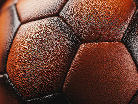 Close up of a leather soccer ball. Macro shot with shallow depth of field.の素材