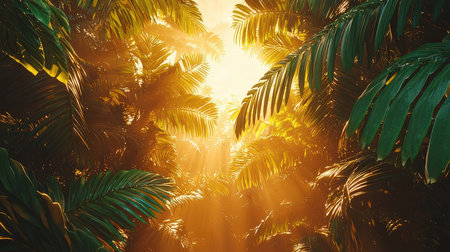 Tropical palm leaves with sunbeams. Nature background.の素材
