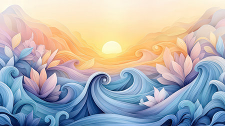 Beautiful seascape with waves and flowers. Vector illustration.の素材