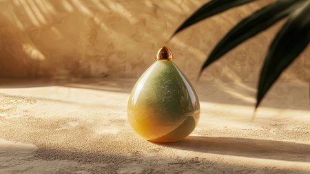 Modern glass vase on sand with palm leaf. 3d renderの素材