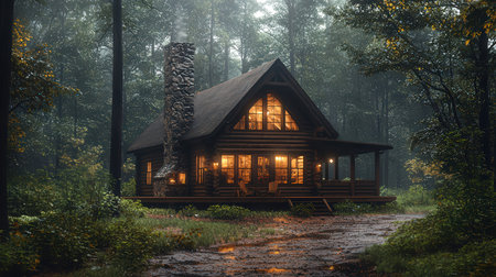 Wooden house in the foggy forest. 3d rendering.の素材