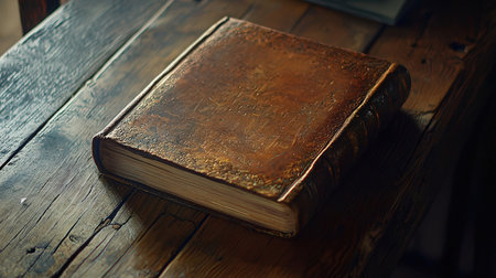 Old book on a wooden table. Vintage style. Selective focus.の素材