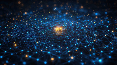 3d rendering of abstract polygonal network connection on blue backgroundの素材