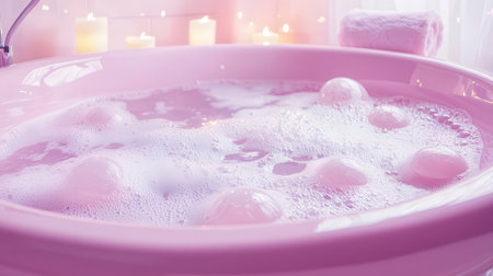 Pink bathtub with foam, candles and candles on the background.の素材