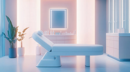 Interior of modern spa salon with white bed and mirror. 3d renderingの素材