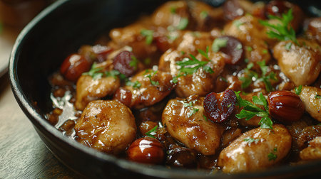 chicken stewed in red wine with raisins and parsleyの素材