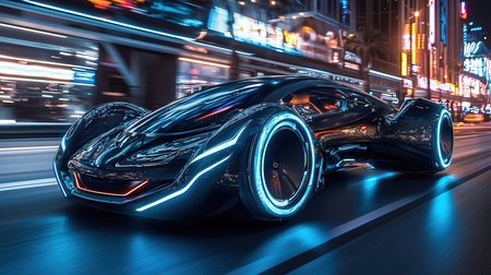 Futuristic car on the road in the city at night.の素材