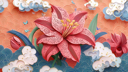 3d illustration of lily flower and clouds in paper art styleの素材