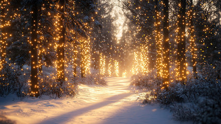 Christmas lights in the winter forest. Christmas and New Year concept.の素材