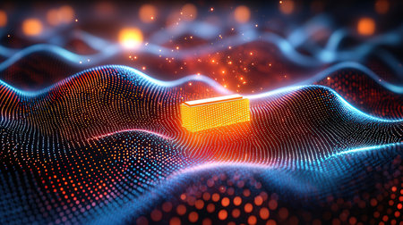 3d rendering of golden coin in digital cyberspace with depth of field and bokehの素材