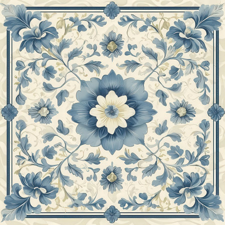 Seamless pattern with floral ornament in blue and beige colorsの素材