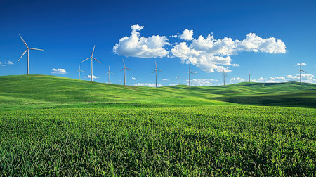 Wind turbines on a green meadow under blue sky with white cloudsの素材
