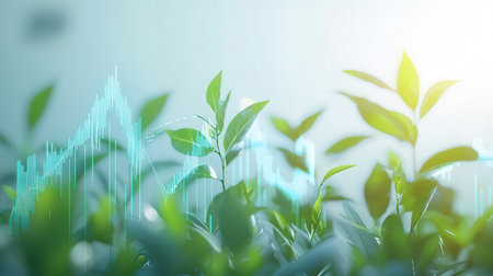 Green tea leaves and growing plants. 3d rendering toned imageの素材