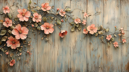 Vintage floral background with flowers on blue painted wooden planks.の素材