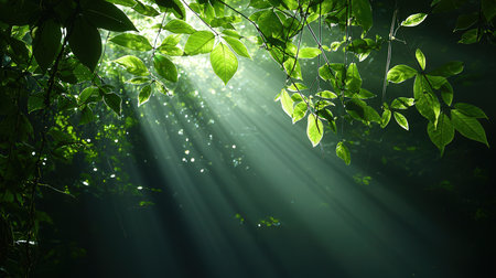 Green leaves and sunbeams in the forest. Nature background.の素材