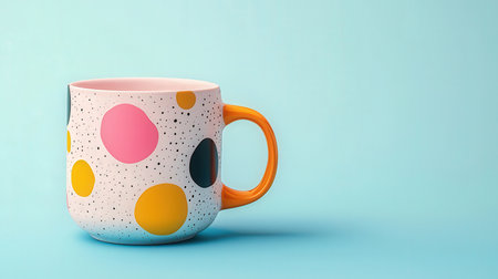 Coffee cup with polka dot pattern on blue background.の素材