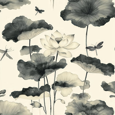 Seamless pattern with lotus flowers and dragonflies. Watercolor illustration.の素材