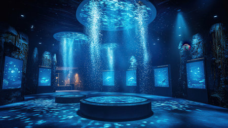 Futuristic underwater scene with blue light rays in the dark.の素材