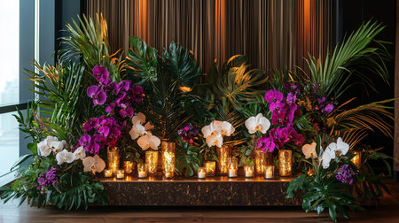 Flower arrangement with candles and orchids in a dark roomの素材
