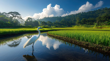 White egret in the rice field with blue sky and white cloudsの素材