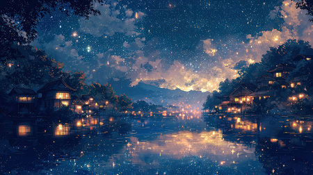 Landscape of the old town at night with a lot of stars.の素材