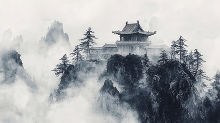 Chinese temple in the foggy mountains of Zhangjiajie, Chinaの素材