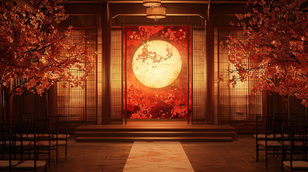 Chinese New Year background with full moon and red leaves. 3D renderingの素材