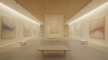 3d render of modern art gallery interior with paintings on walls.の素材