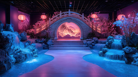 3d render of the entrance to the chinese garden at nightの素材