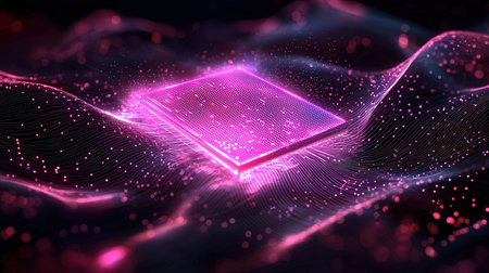 3d rendering of a holographic computer processor with glowing particles on a dark backgroundの素材