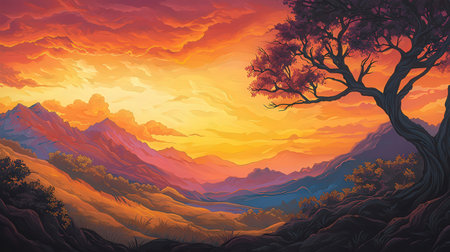Fantasy landscape with trees and mountains at sunset. Vector illustration.の素材