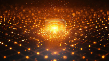 3d illustration of abstract digital technology background with circuit board and cubeの素材