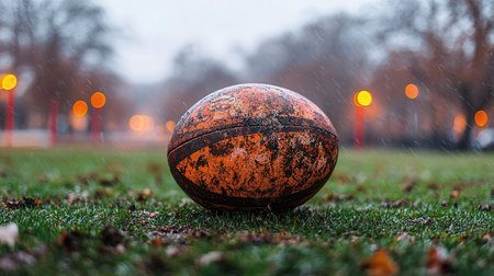 A closeup shot of a soccer ball on the grass under the rainの素材