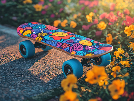 Colorful skateboard on the road in the park. Vintage style.の素材