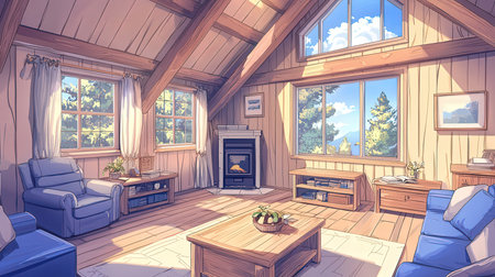 Interior of a cozy room with fireplace and furniture. Cartoon style.の素材