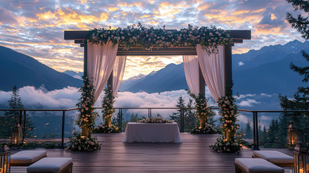 Wedding ceremony on the terrace of the hotel in the mountainsの素材