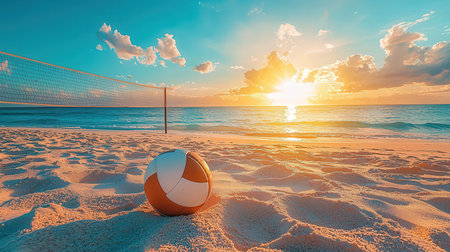 Volleyball ball on the beach at sunset. 3d renderingの素材