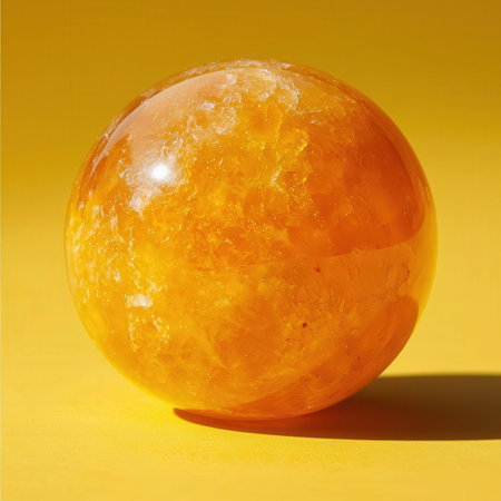 Orange quartz ball on yellow background. Close-up. Studio shot.の素材