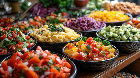Variety of salads in bowls on a buffet table at a restaurantの素材
