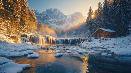 Fantastic winter landscape with snow covered waterfall. Dramatic wintry scene. Carpathian, Ukraine, Europe. Beauty world.の素材