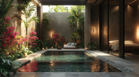 3D rendering of a swimming pool in a tropical villa.の素材