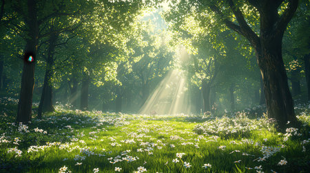 Morning in the spring forest with daffodils and sun raysの素材