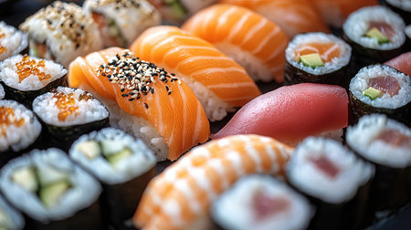 Sushi roll set with salmon, tuna and eel. Japanese food backgroundの素材