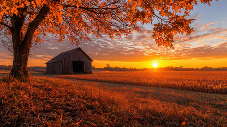 Autumn landscape with a barn on a field in the morning.の素材