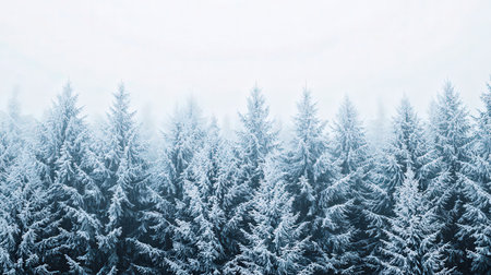 Frozen winter forest with snow covered trees. Christmas holiday background.の素材