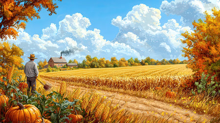 Farmer working on a farm in autumn. 3d rendering.の素材