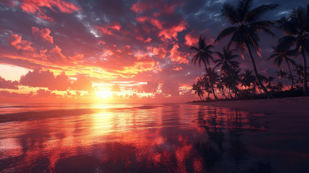 Beautiful sunset over the sea with palm trees. 3d renderの素材