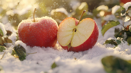 Two red apples in the snow. Concept of healthy eating and dieting.の素材