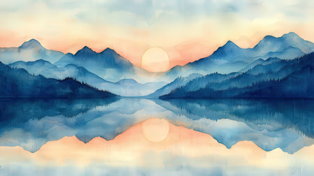 Mountains and lake with reflection in water. Digital art painting.の素材
