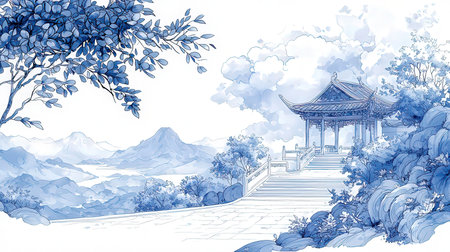 Illustration of a Chinese pavilion in the park with mountains in the backgroundの素材